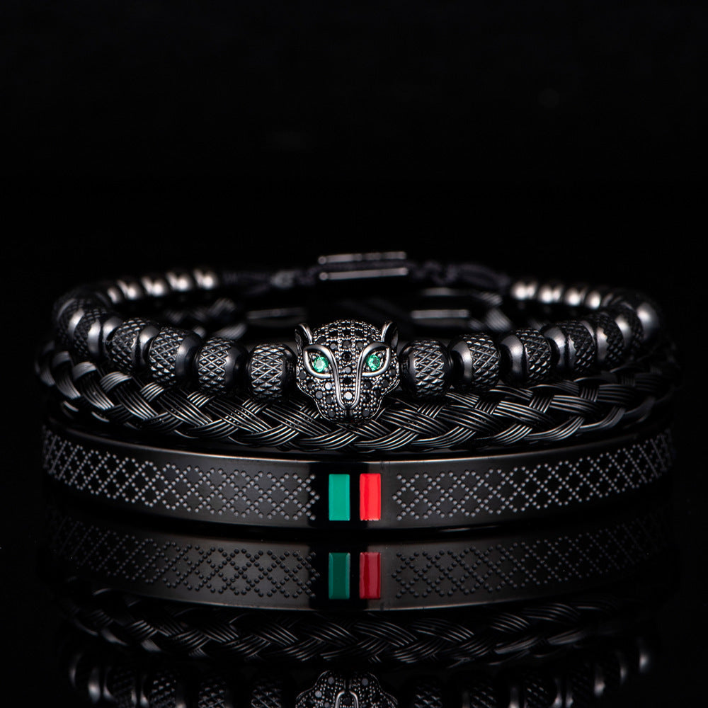 Ensemble de bracelets tête de léopard micro incrustés en acier inoxydable
