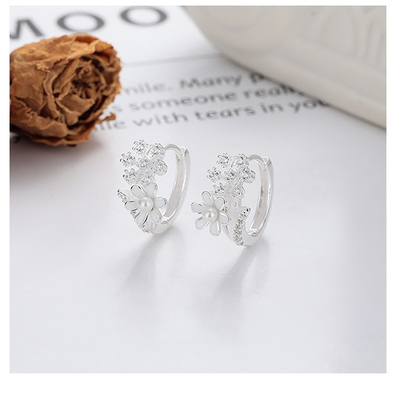 S925 Sterling Silver Artistic Pearl Stitching Snowflake Inlaid Zircon Trendy Earrings