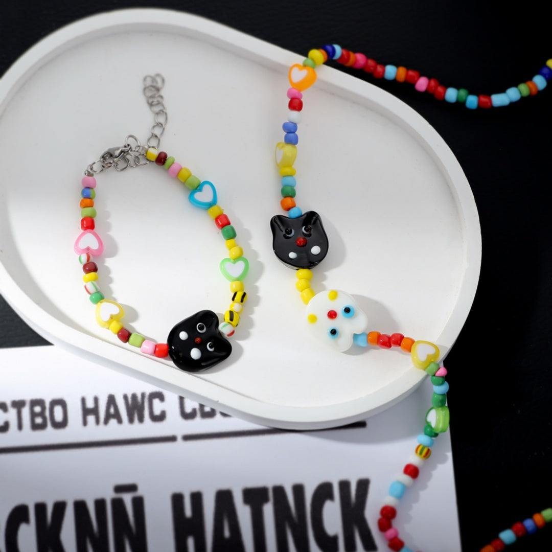 Cartoon Cat Dopamine Necklace Women's Colorful Beaded Necklace Bracelet