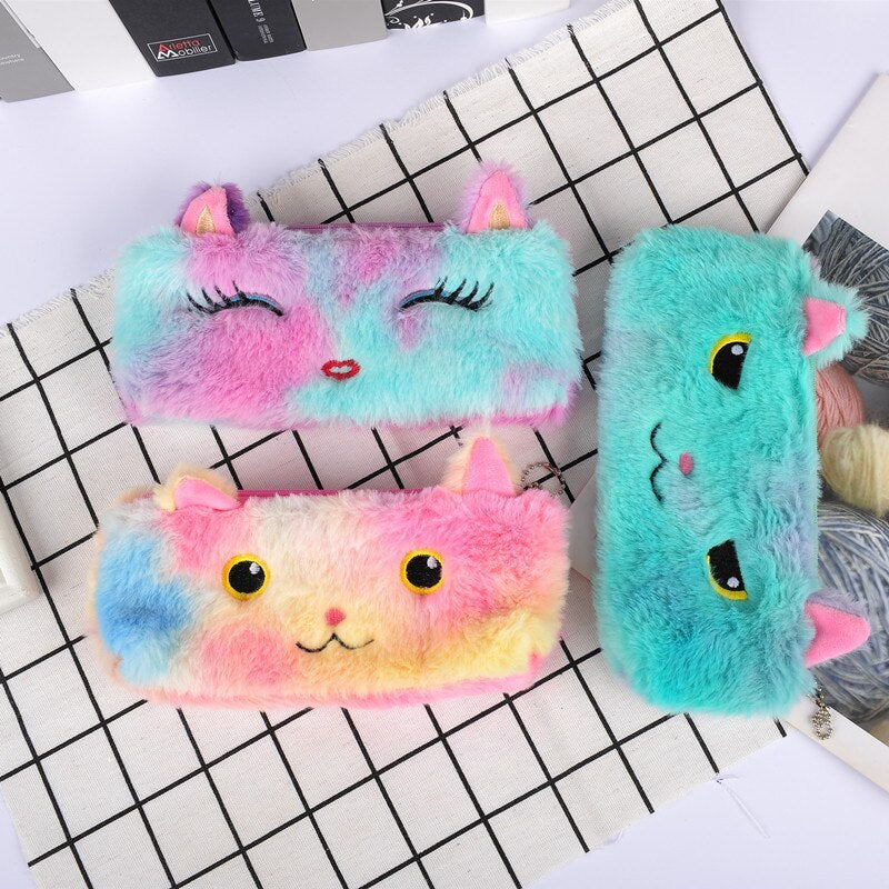 Trousse à crayons en peluche chat couleur Laser, sac de papeterie pour étudiant