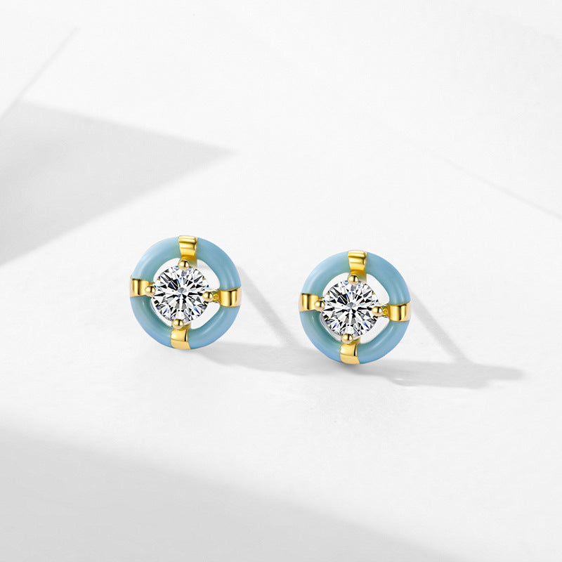S925 Sterling Silver Special-interest Design Round Blue Enamel Stud Earrings
