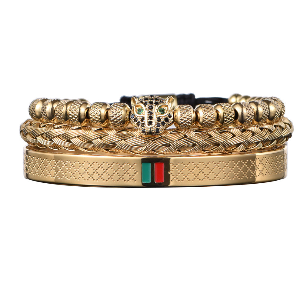 Ensemble de bracelets tête de léopard micro incrustés en acier inoxydable
