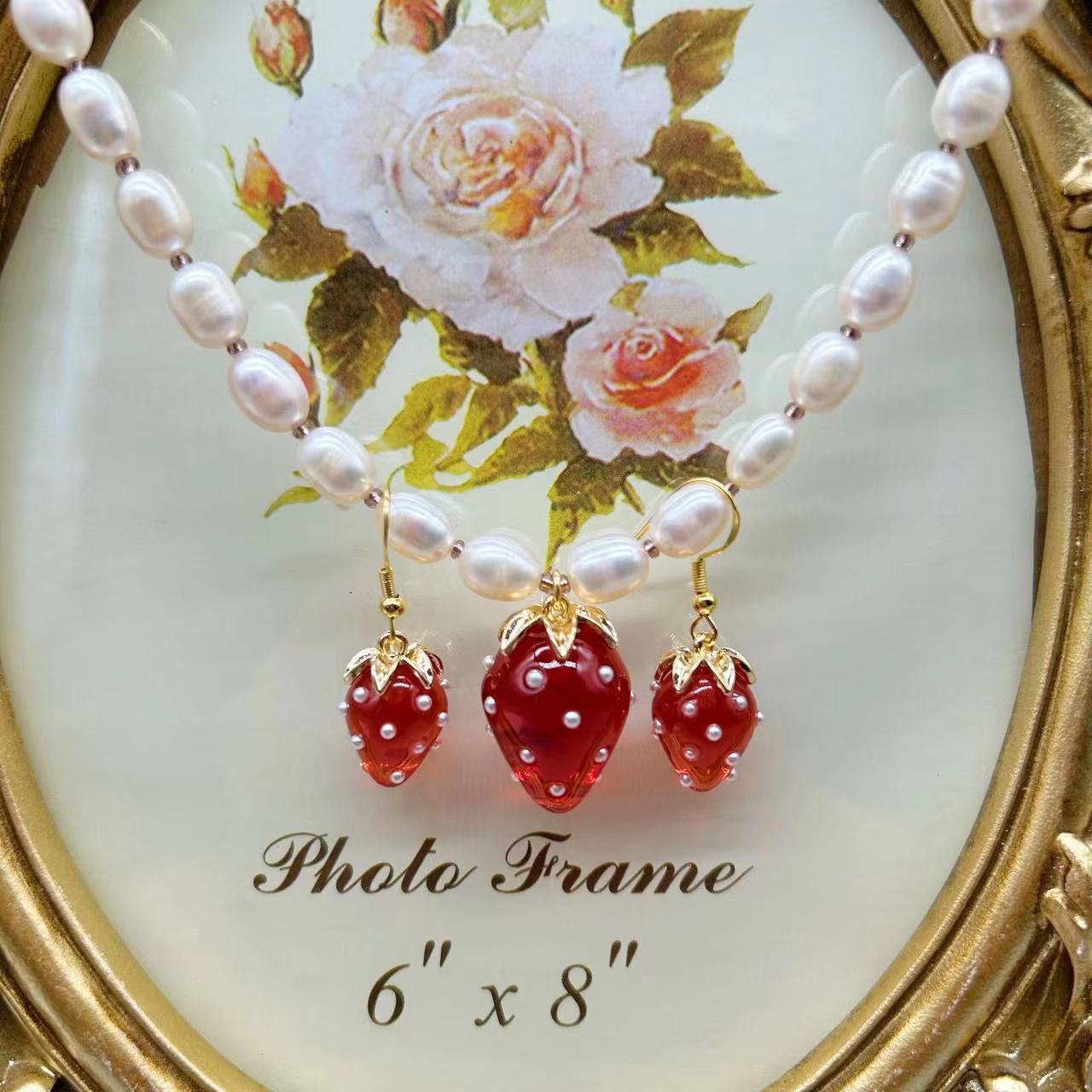 Collier et boucles d'oreilles en perles d'eau douce avancées occidentales, luxe, Fruit fraise, tempérament doux, Suite