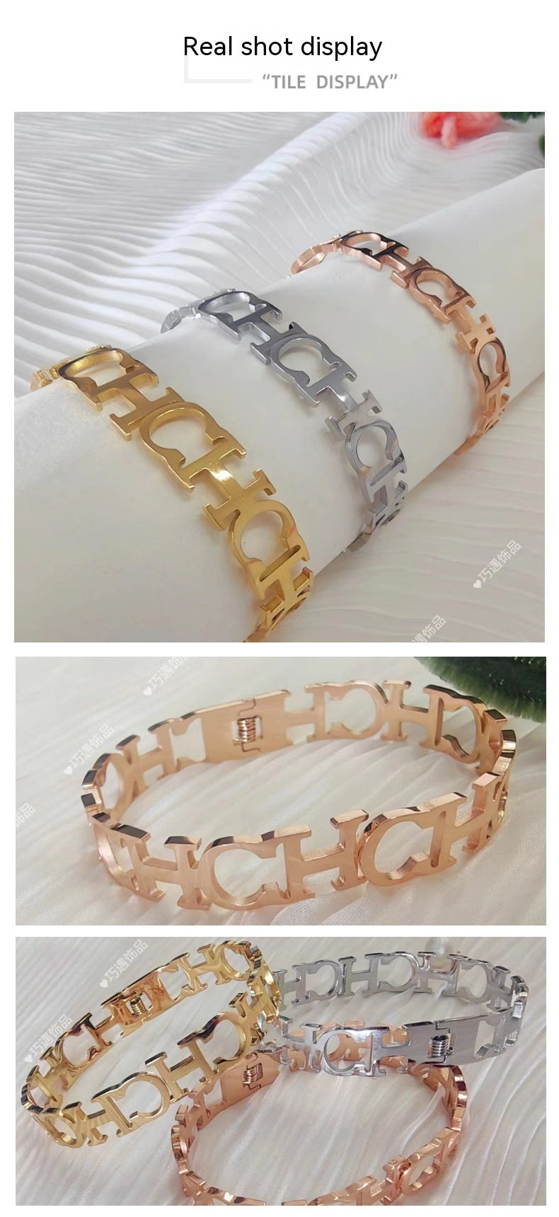 Bracelet à lettres en acier inoxydable, niche, ne se décolore pas, en forme d'œuf, fermeture à ressort creuse