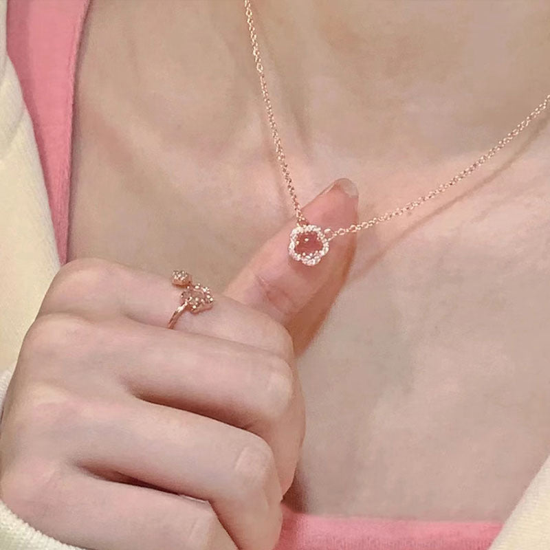 Female Pink Cherry Blossom Necklace Premium Sweater Chain Pendant Simple And Fresh