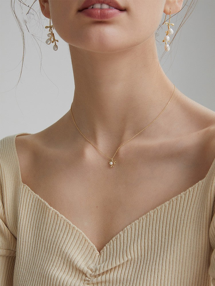 S925 Sterling Silver 14K Gold-plated Peach Blossom Synthetic Pearl Necklace