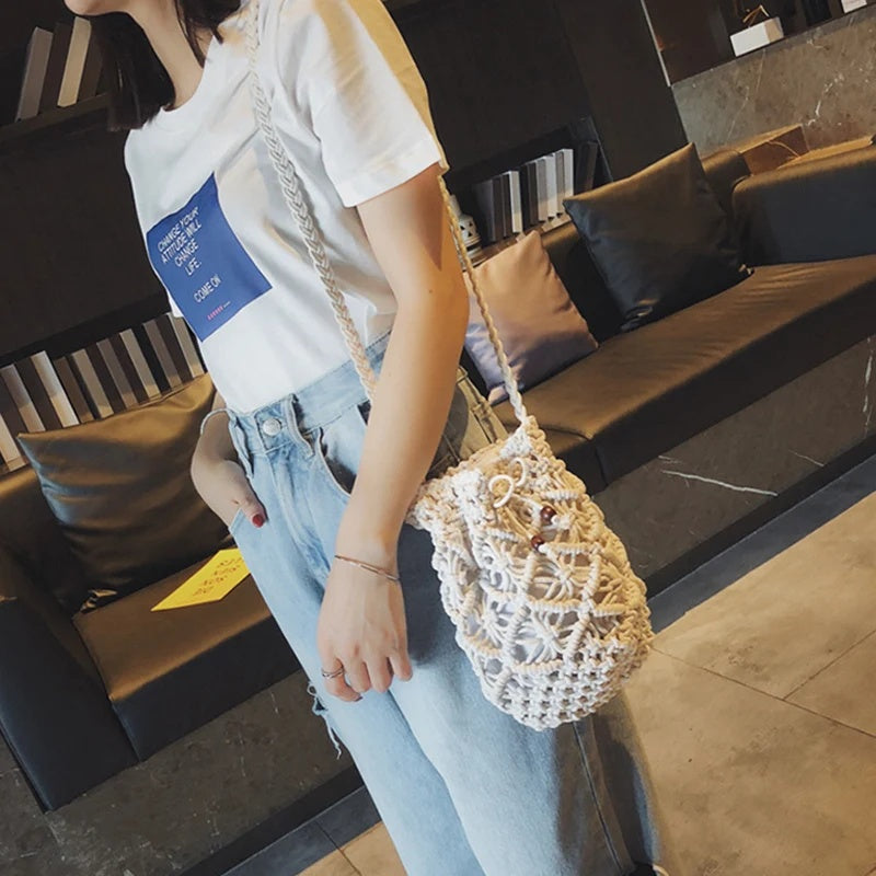 Women's Round Diagonal Cotton Crochet Tassel Small Bag