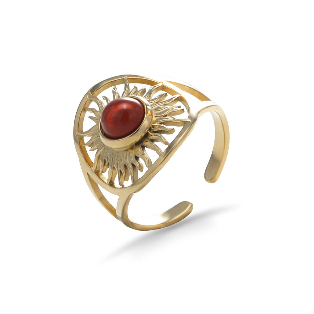 Anillo de acero de titanio con girasol hueco femenino ajustable de acero inoxidable