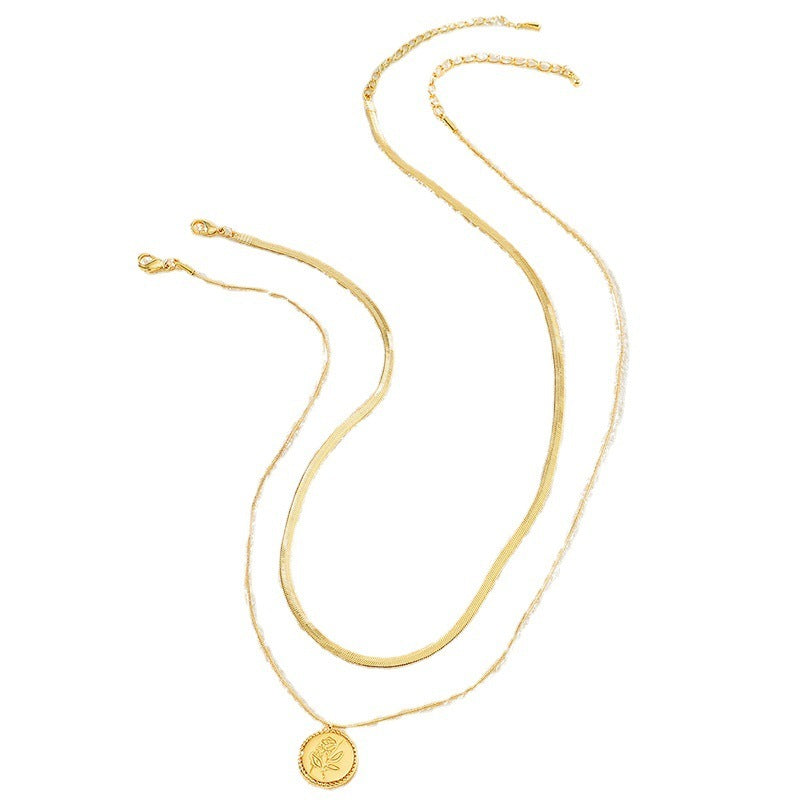 Blade Chain Double Layer Twin Rose Brass Gold Plated Short Necklace