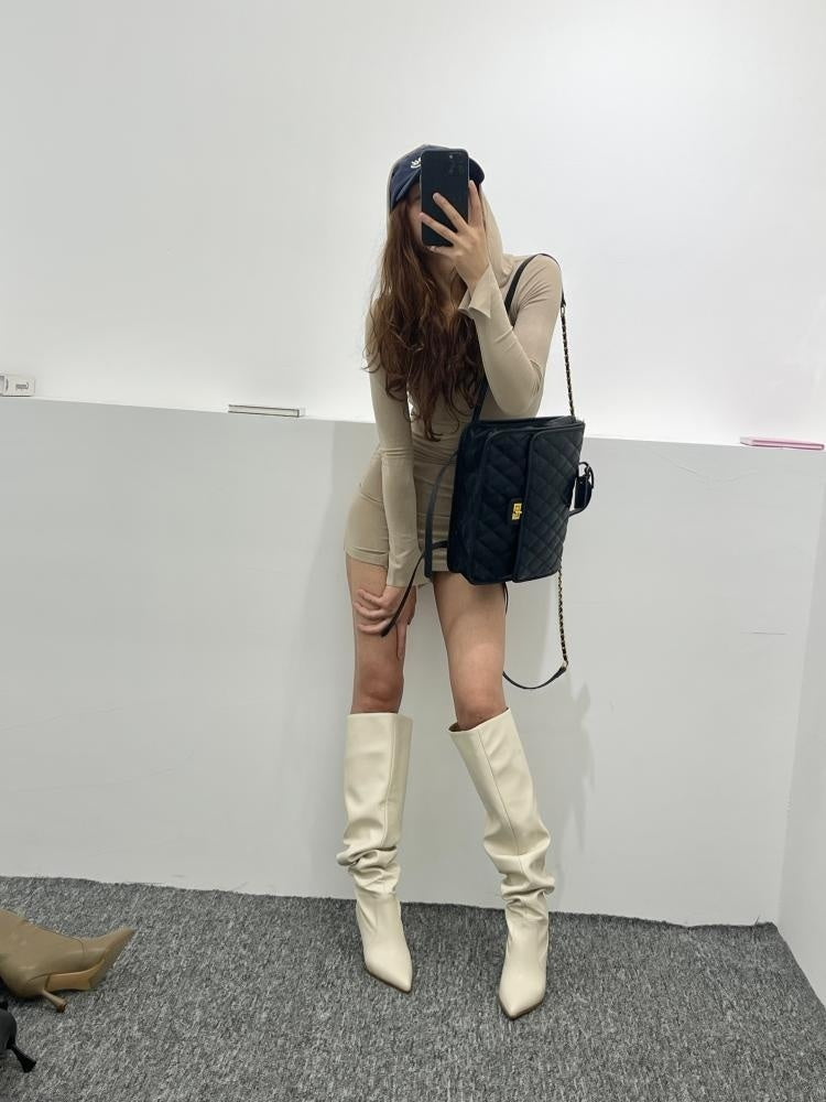 Nouveau Grande circonférence de Tube bout pointu talons aiguilles maigres bottes de Style