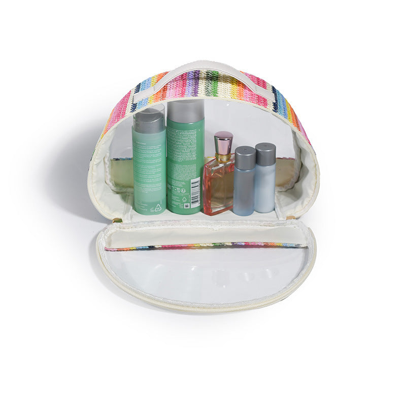 Sac à cosmétiques en PVC Transparent tissé en paille, sac à cosmétiques en demi-cercle, sac de rangement de produits de toilette tissé arc-en-ciel imperméable