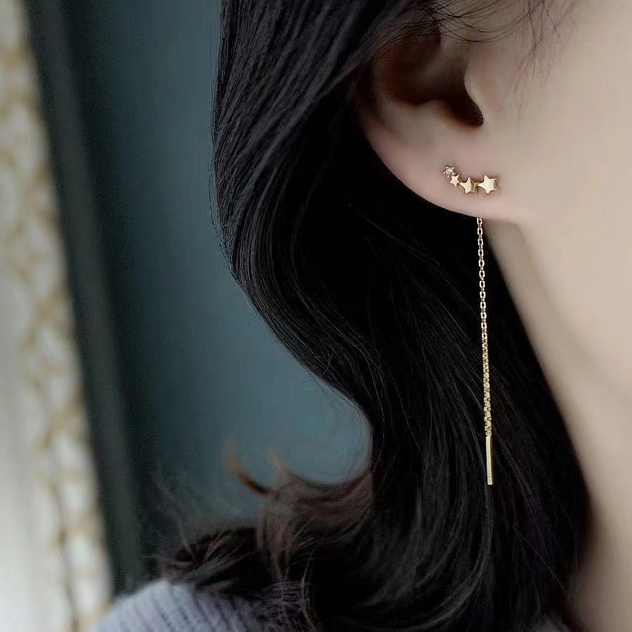 Pendientes largos con borlas de acero y titanio, aretes con líneas de oreja de pentagrama de un solo diamante Simple de oro, estrella pequeña de moda exquisita