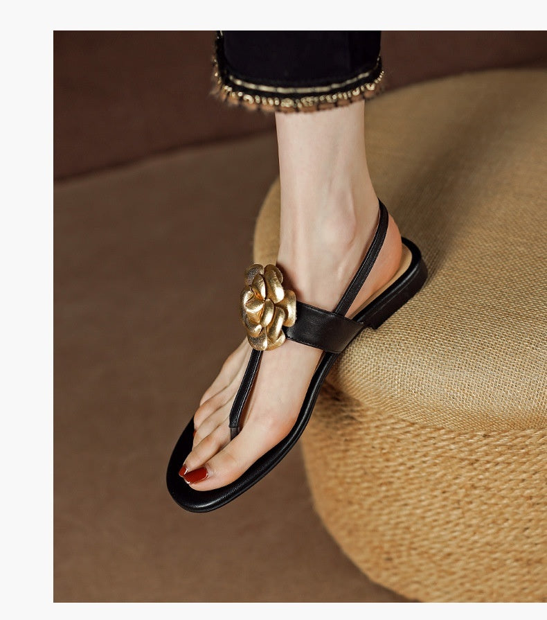 Style Preppy en peau de mouton à bout plat avec sandales à bout ouvert pour femmes