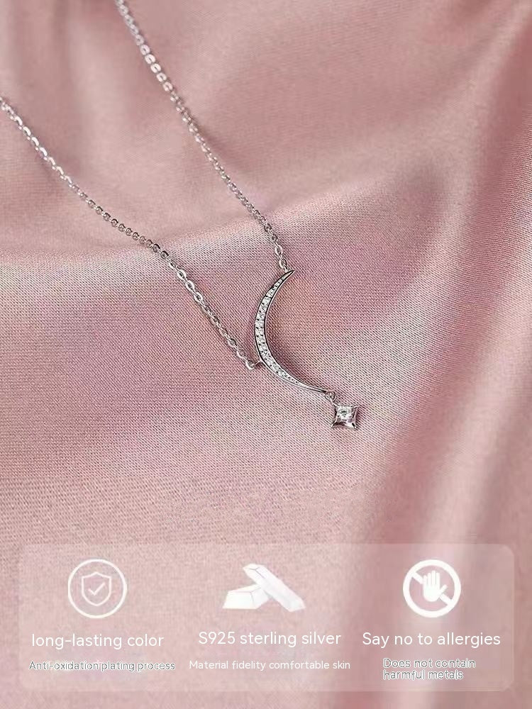 Collar de plata de ley con borla de luna, cadena de clavícula femenina