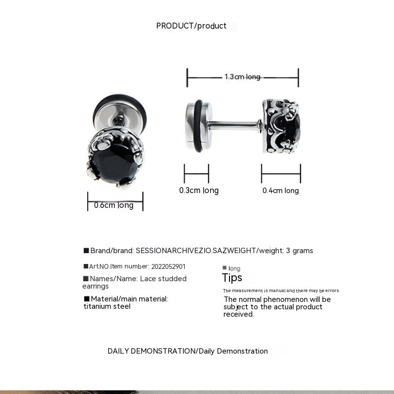 Titanium Steel Black Zircon Stud Earrings American Retro Distressed