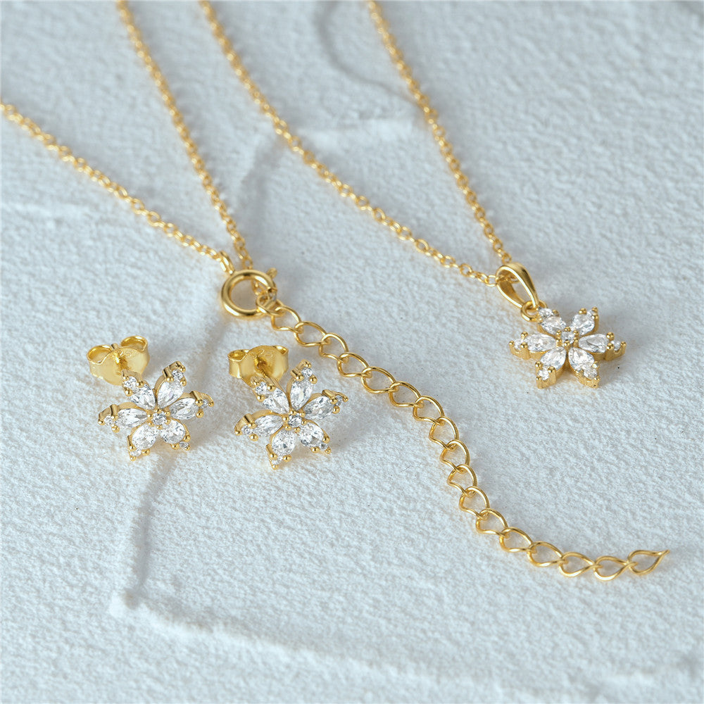 Sterling Silver Crystal Snowflake Ear Stud Necklace Suit