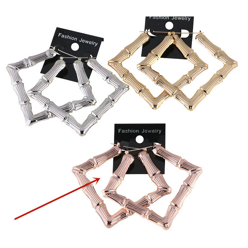 Boucles d'oreilles en bambou doré, grandes formes carrées exagérées, de forme européenne et américaine