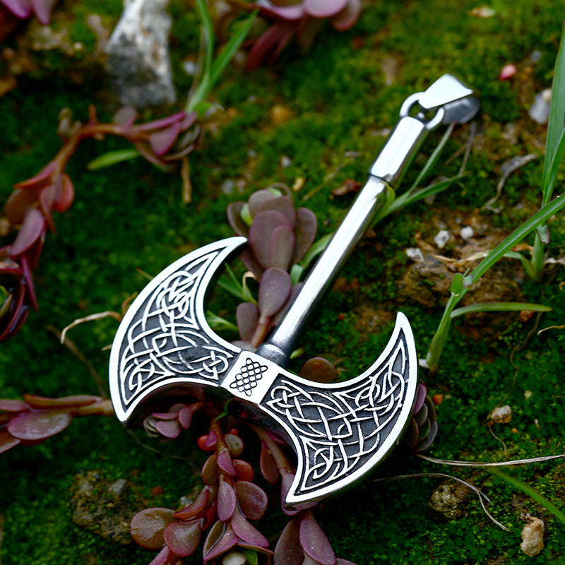 Nordic Viking Celtic Knot Retro Necklace Double-sided Axe Stainless Steel Pendant