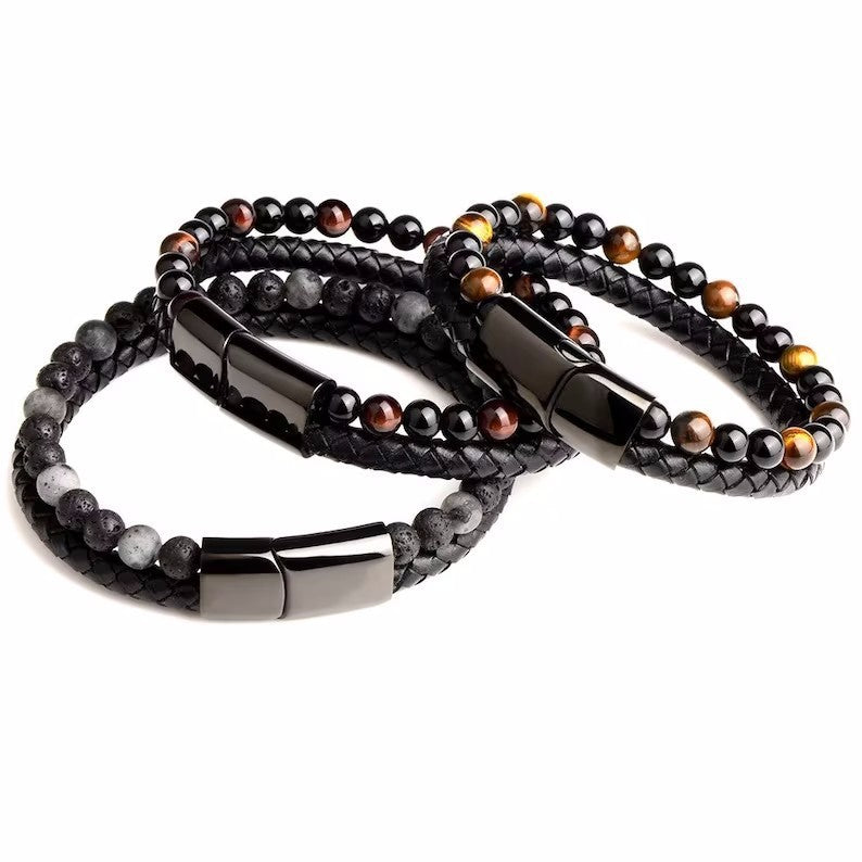 Bracelet en pierre naturelle en corde de cuir en alliage pour hommes