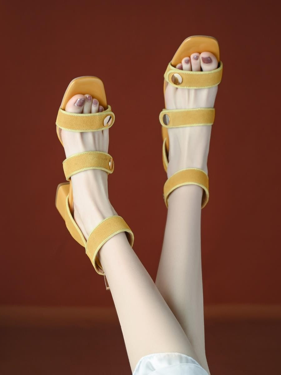 Sandales à talons hauts en cuir authentique avec boucle givrée rétro et bout carré