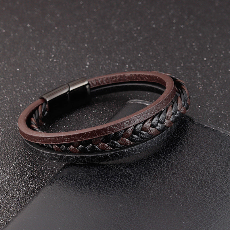 Bracelet en cuir pour hommes en acier titane double couche