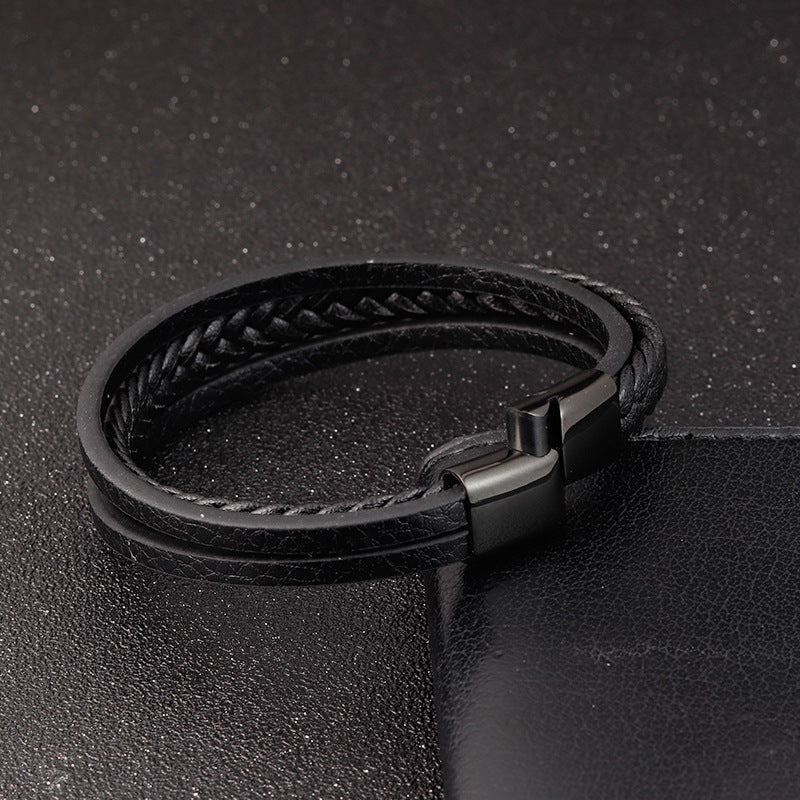 Bracelet en cuir pour hommes en acier titane double couche