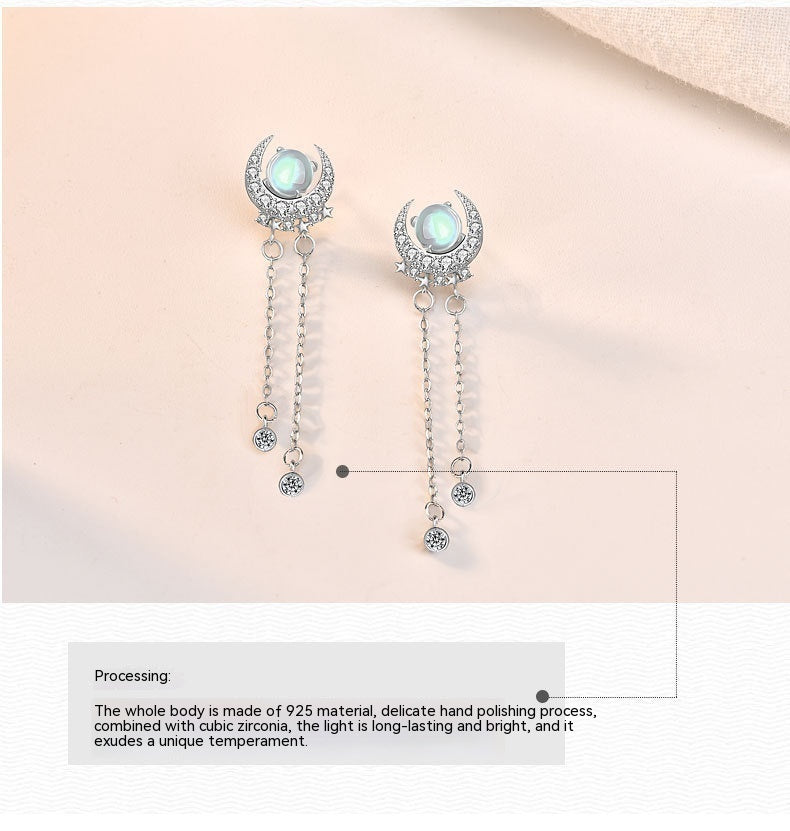 S925 Sterling Silver Long Elegant Bright Moon Star Moonstone Tassel Earrings Women's High-grade Cold Style
