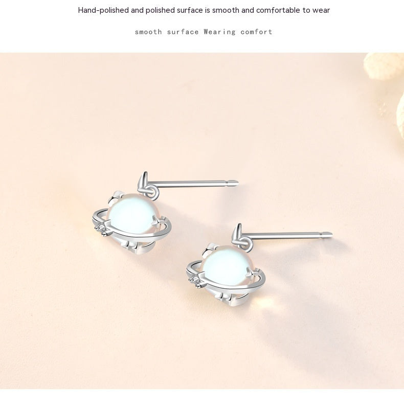 S925 Sterling Silver Moonstone Planet Female South Korea Simple Special Interest Earrings