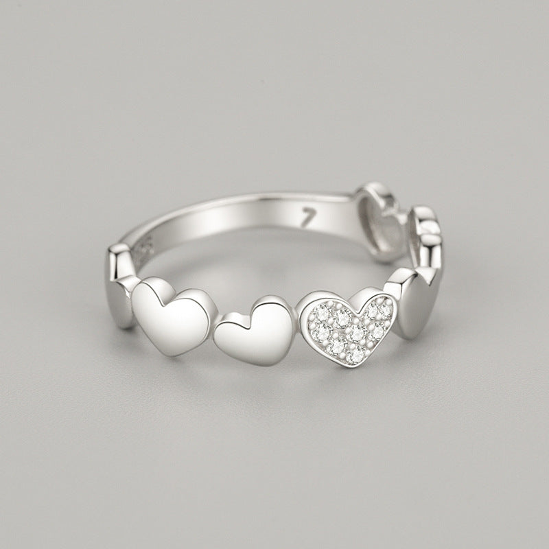 S925 Silver Sweet Personality Heart-shaped Micro Rhinestone Ring