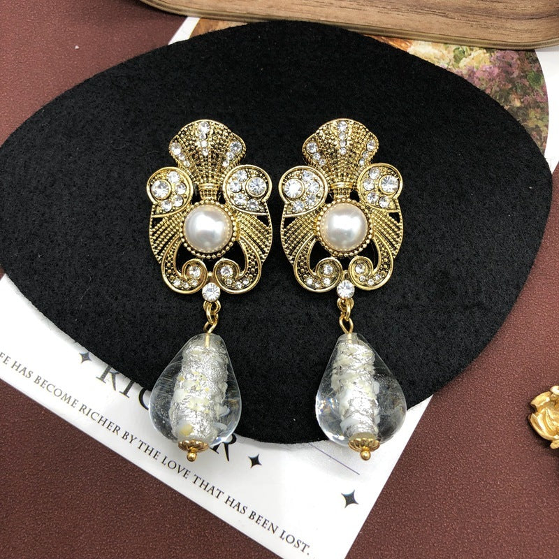 Retro Distressed Design Sense Earrings Rhinestone Pearl Earrings