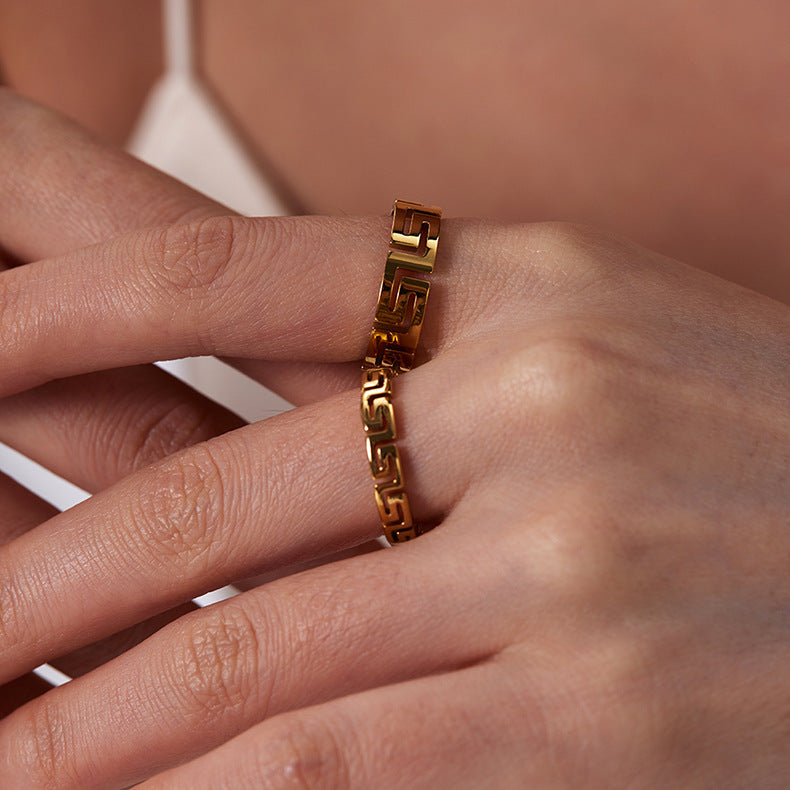 Stainless Steel Ring Great Wall Pattern Geometric Hollow Fashion All-match Titanium Steel Ring