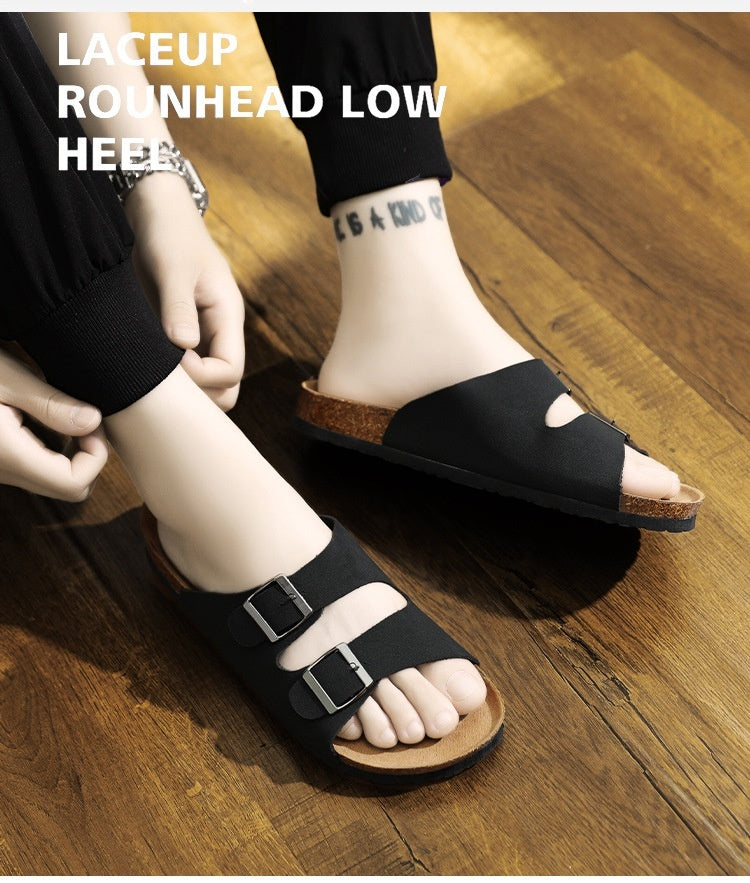 Pantuflas Boken con superficie exterior de cuero y corcho con doble botonadura