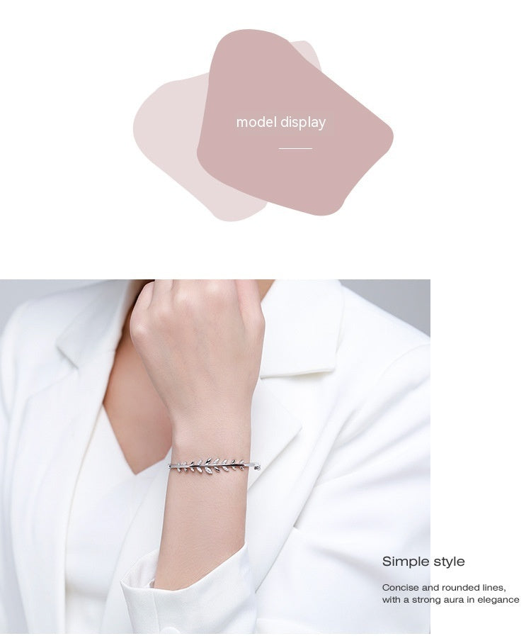 S925 Silver Bracelet Female Leaf Oval Bracelet Open-ended Bracelet