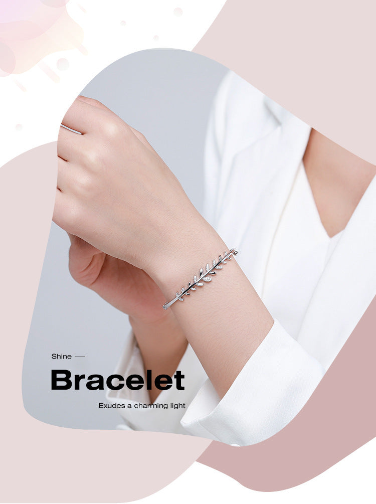S925 Silver Bracelet Female Leaf Oval Bracelet Open-ended Bracelet