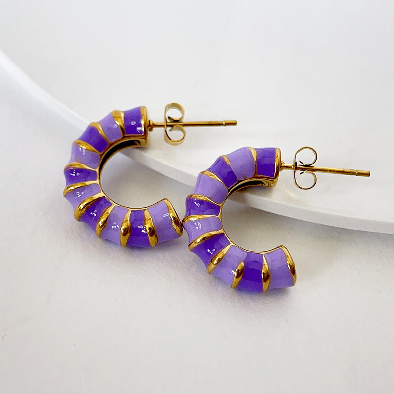 Enamel Drip Glazed Color C- Shaped Bamboo Stud Earrings