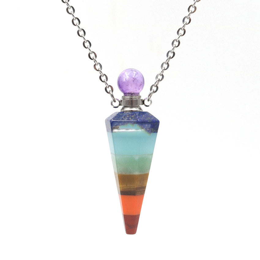 Collier pendentif en pierre de cristal naturelle, couture de sept couleurs, cône Hexagonal, bouteille d'huile essentielle de parfum