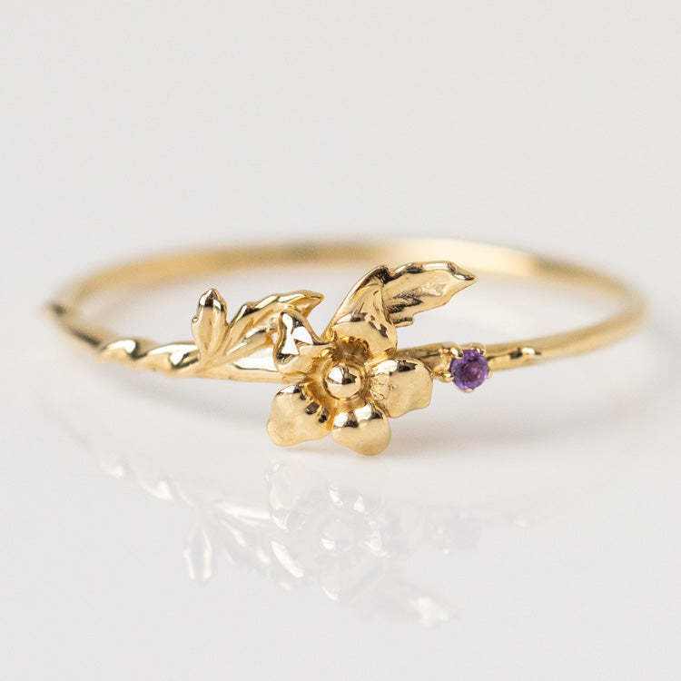 12yue Flower Birthstone Ring Copper Inlaid Zircon