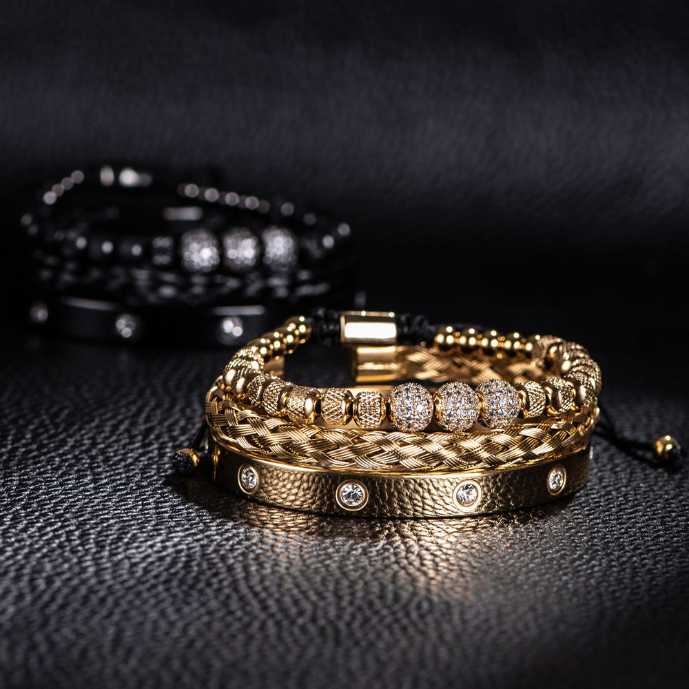Bracelet en maille d'acier inoxydable, 3 boules de strass, dix diamants