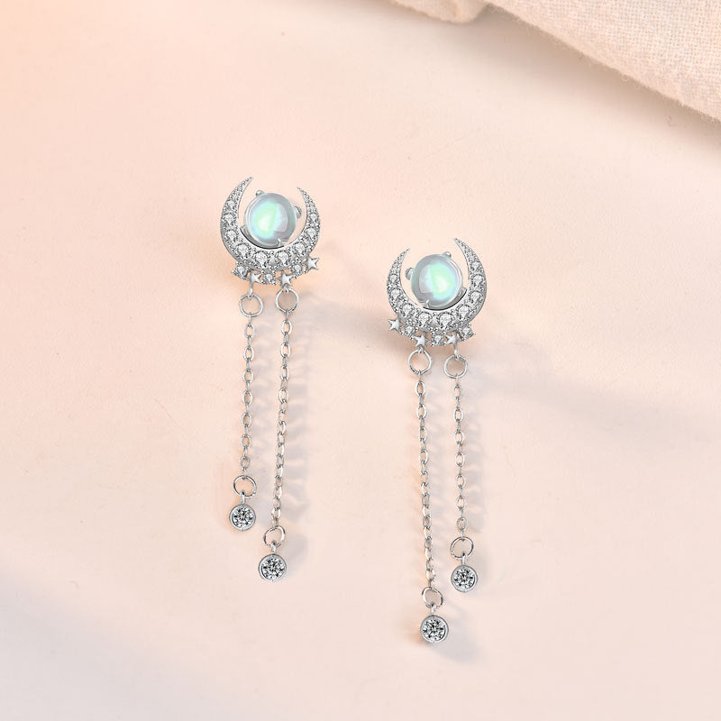 S925 Sterling Silver Long Elegant Bright Moon Star Moonstone Tassel Earrings Women's High-grade Cold Style