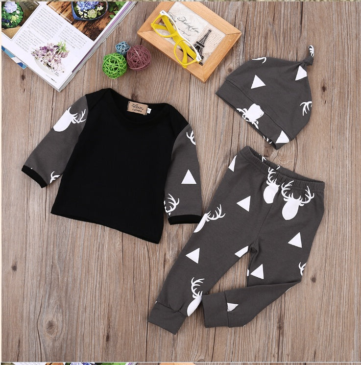 Autumn Cute Newborn Baby Girl Boy Clothes Deer Tops T Shirt Long Sleeve Pants Casual Hat 3pcs Outfits Set Autumn