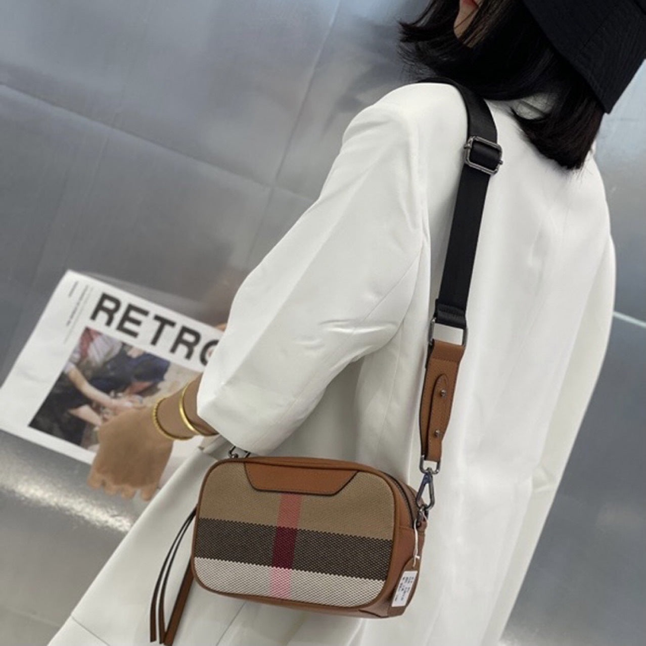 Sac à carreaux en toile polyvalent à bandoulière diagonale