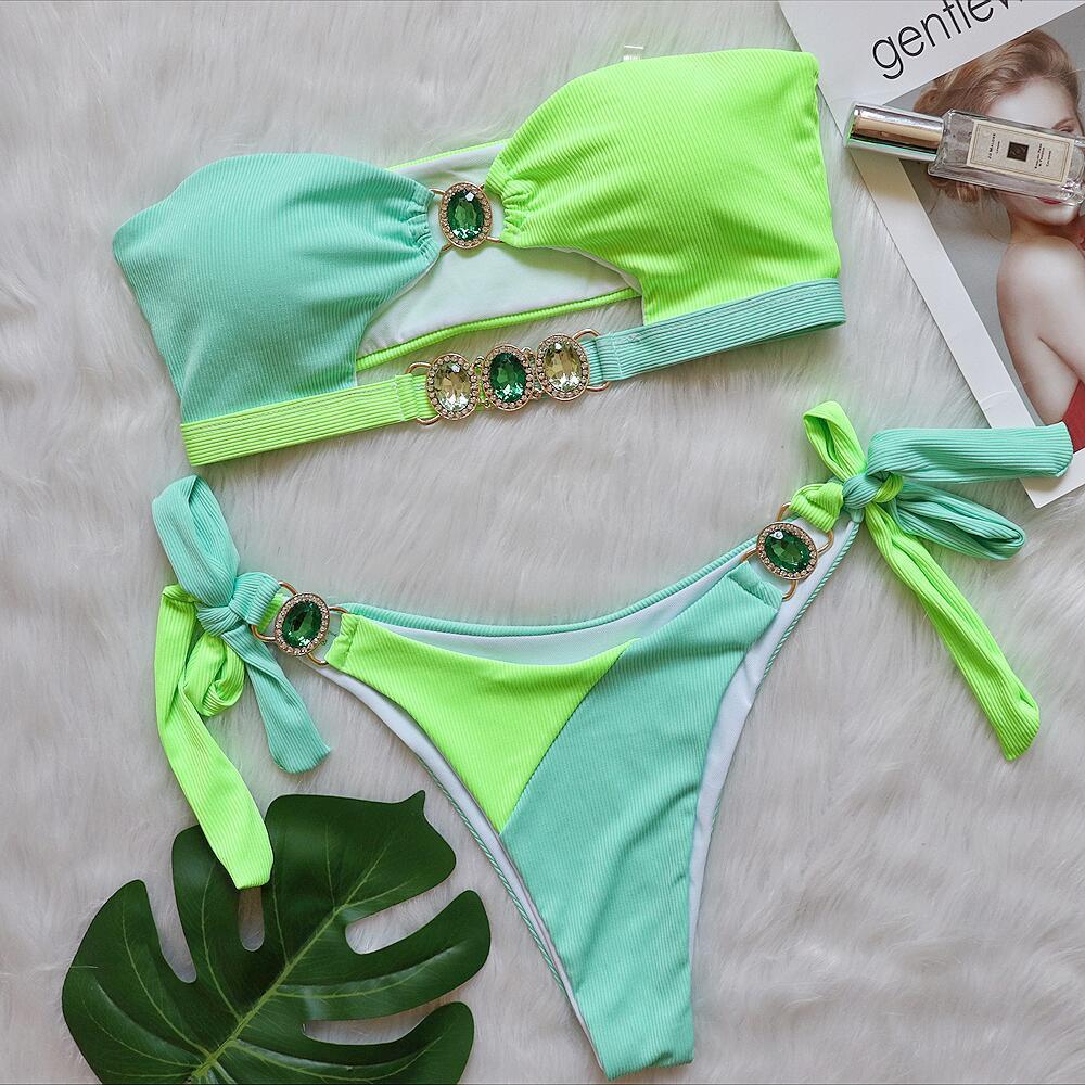 Bikini de diamantes de cristal sexy, traje de baño dividido con almohadilla en el pecho desmontable, empalme con correa en el pecho