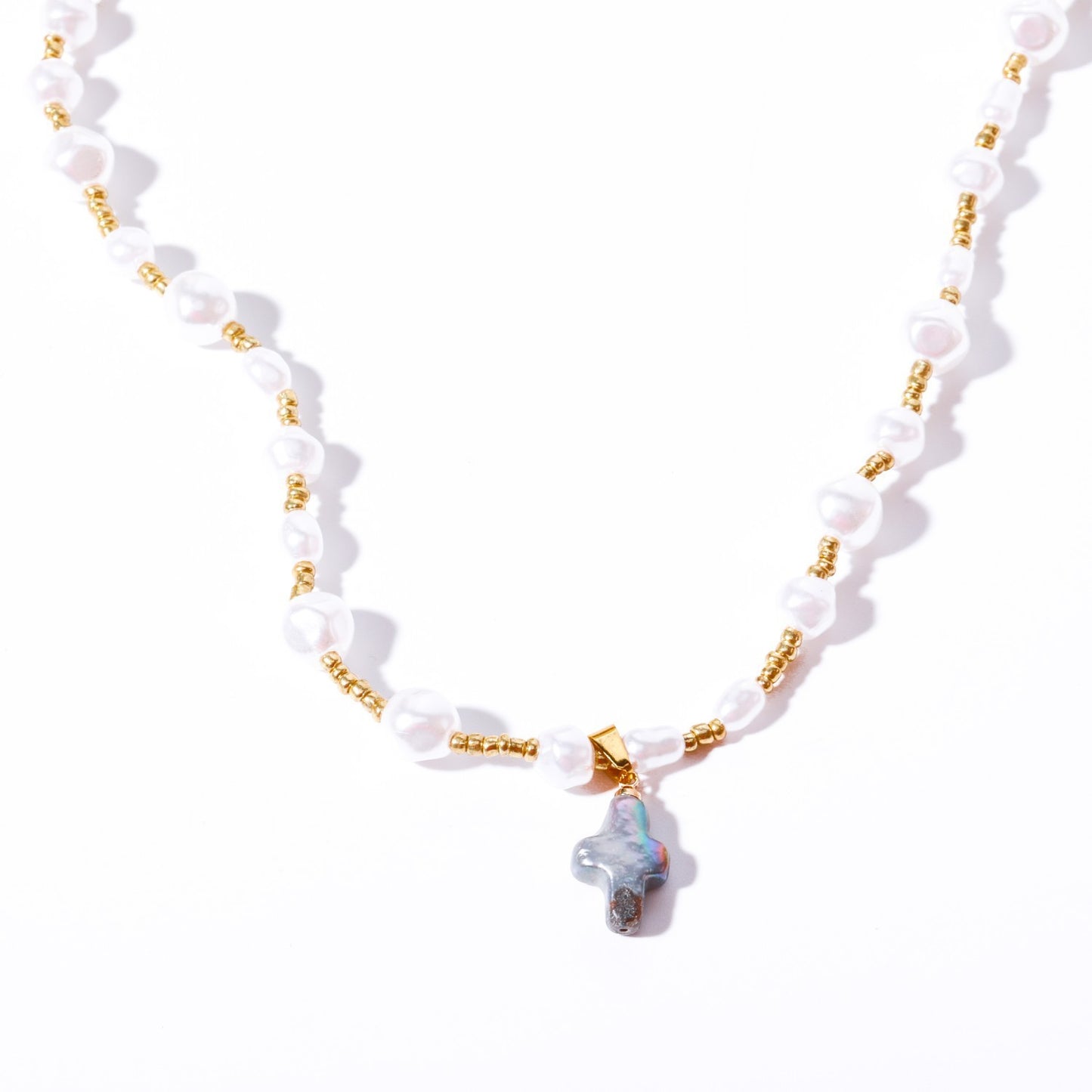 European And American Pearls Cross Shell Necklace Retro Literary Baroque Style
