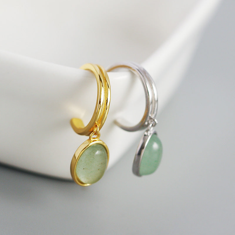 Boucles d'oreilles en argent S925 en forme de C, Aventurine verte de haute qualité, argent rétro