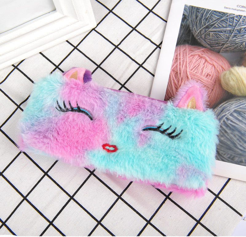 Trousse à crayons en peluche chat couleur Laser, sac de papeterie pour étudiant