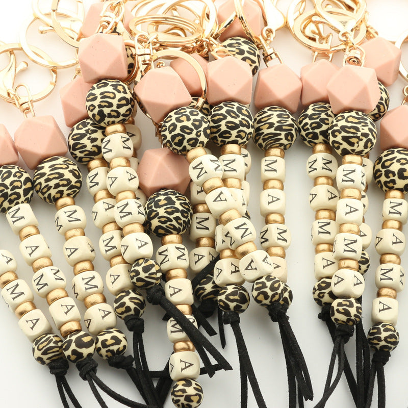 Letter Wood Wafer Silicone Bag Pendant Leopard Chain Keychain