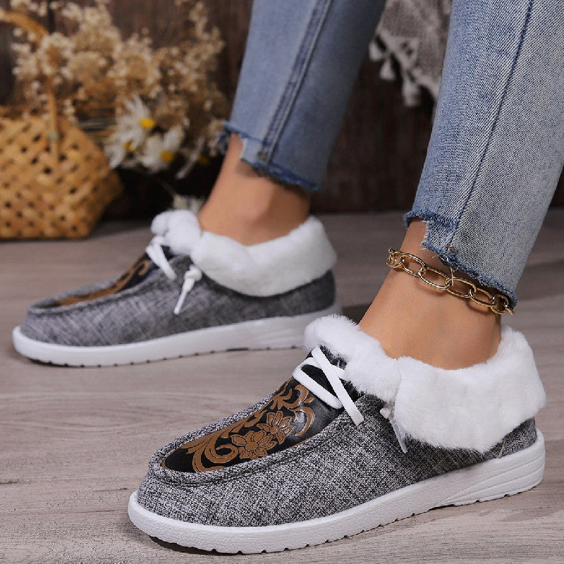 Nouveau bout rond fleur imprimé toile chaussures plates hiver décontracté chaud Plus velours femmes chaussures en peluche