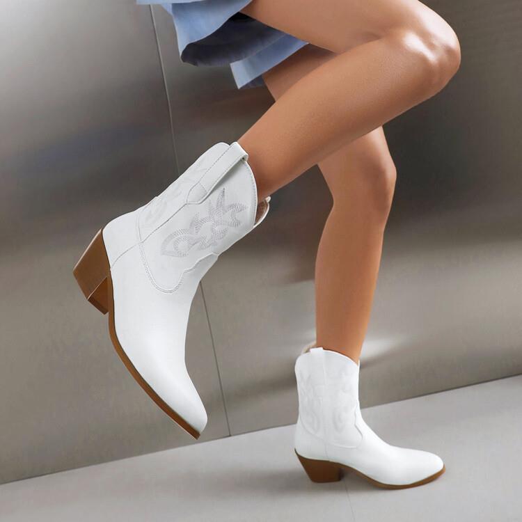 Botas hasta la rodilla con bordado de charol espejo Tacón alto grueso con bordado a media pantorrilla puntiagudo