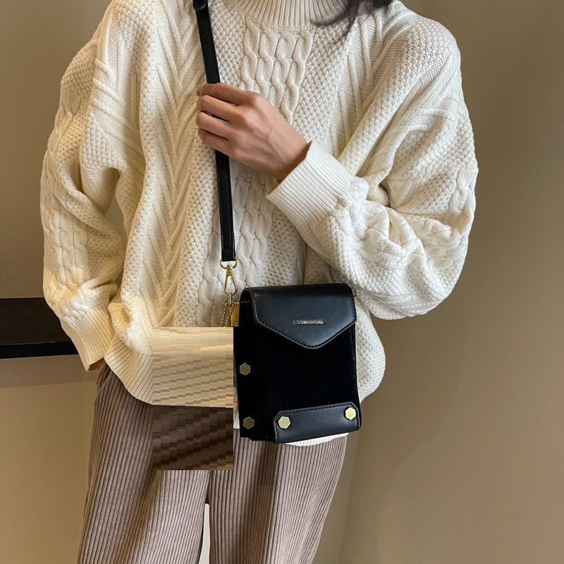 Petit sac carré à bandoulière en daim rétro pour téléphone