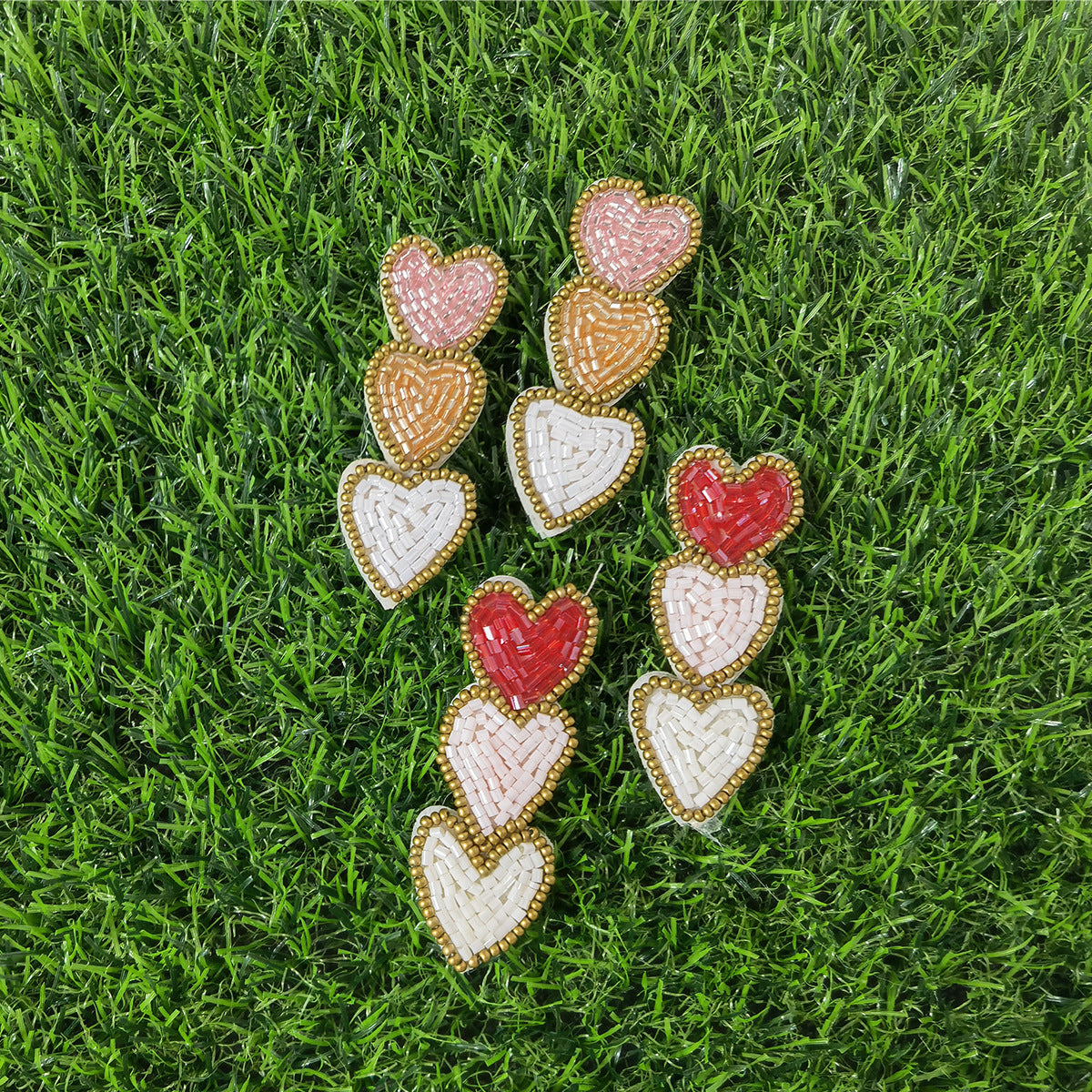 Pendientes artísticos de moda para el día de San Valentín con forma de corazón de tres capas con cuentas hechas a mano de tela de cercanías